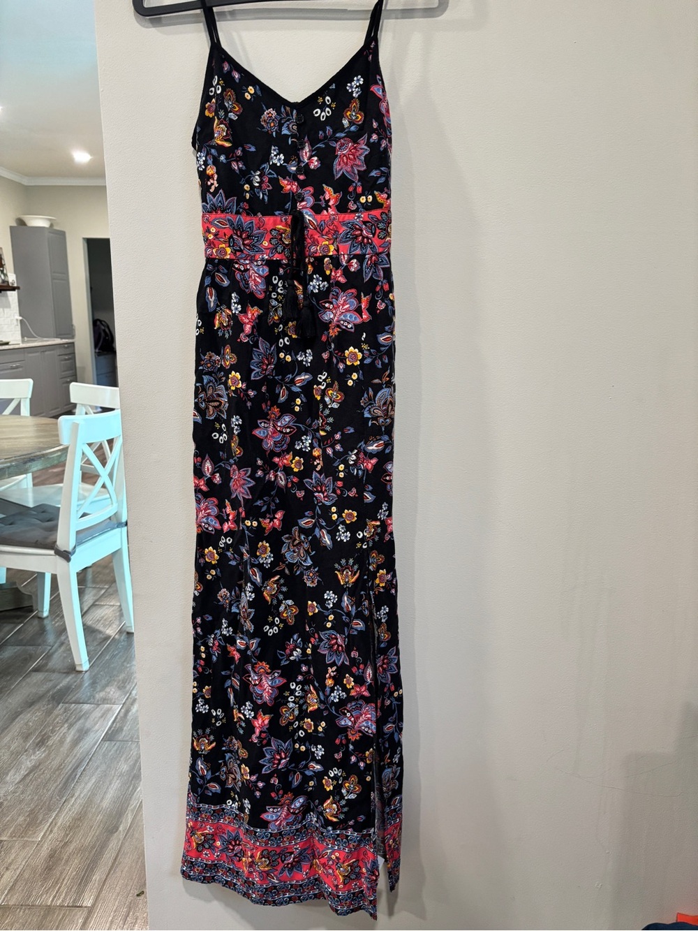Black Floral Women’s Sz S Spaghetti-Strap Maxi Dress with Slit & Elastic Back